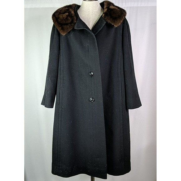 Auckie Sanft Black Pure Virgin Wool Coat Fur Collar Montreal Vintage Overcoat M - Picture 7 of 10